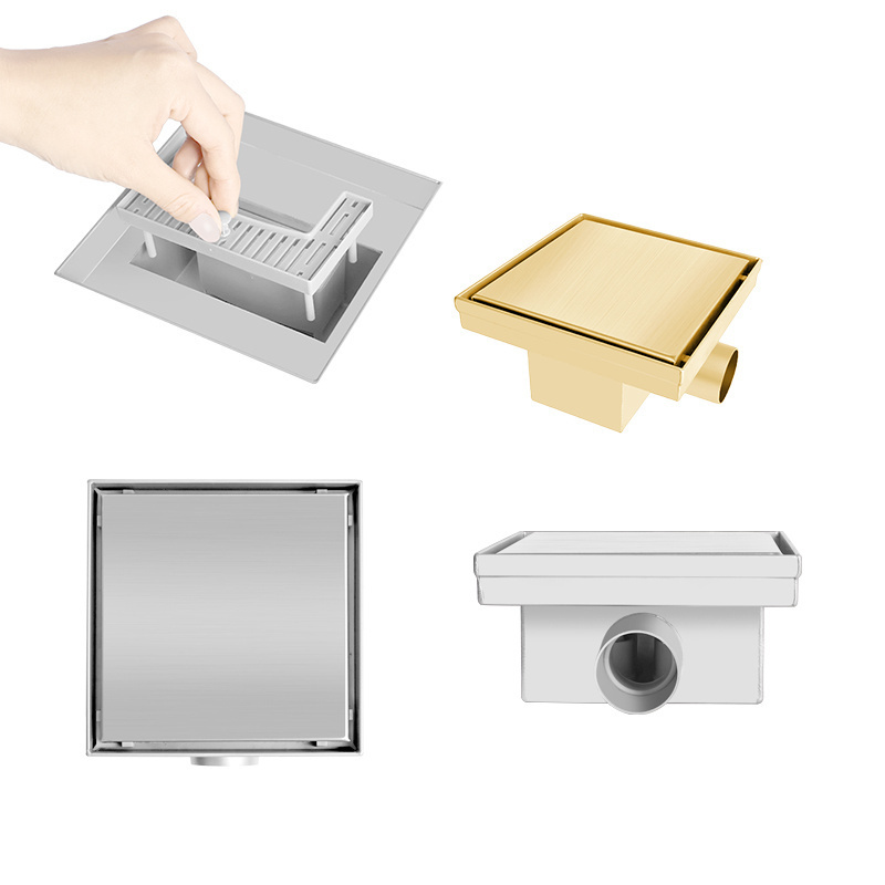 Balcony Hardware Accessories SUS304 Stainless Steel Square Bathroom Floor Waste Water Drain Brushed Gold Shower Drainer