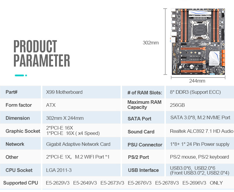 X99 Chipset Motherboard Mainboard lga 2011-3 Suporte Placa Mae InteI Xeon E5-2678v3 / 2669v3 / 2649v3 / 2629v3