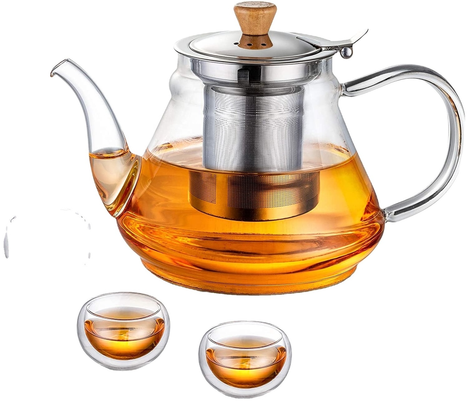 33oz Glass Teapot with Extra Double Wall Cups, Removable Stainless Steel Infuser, Borosilicate Glass Tea Kettle