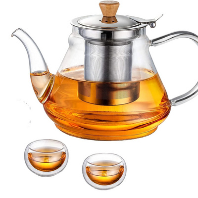 33oz Glass Teapot with Extra Double Wall Cups, Removable Stainless Steel Infuser, Borosilicate Glass Tea Kettle