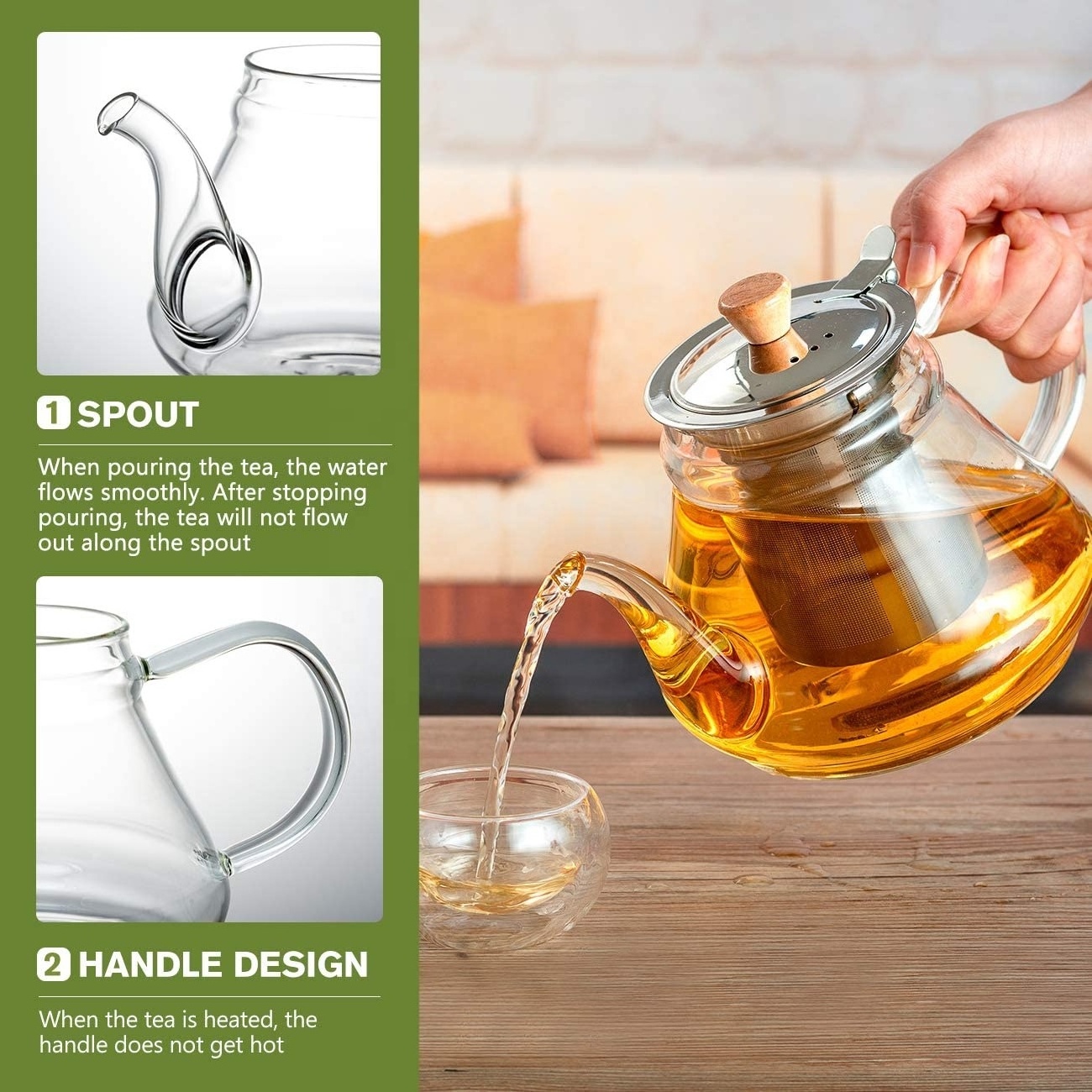 33oz Glass Teapot with Extra Double Wall Cups, Removable Stainless Steel Infuser, Borosilicate Glass Tea Kettle