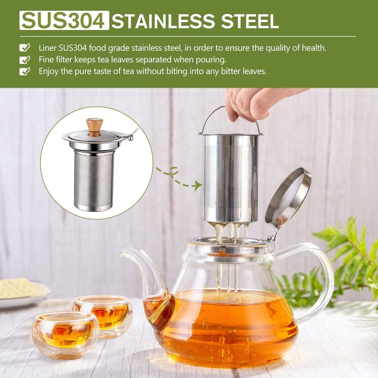 33oz Glass Teapot with Extra Double Wall Cups, Removable Stainless Steel Infuser, Borosilicate Glass Tea Kettle