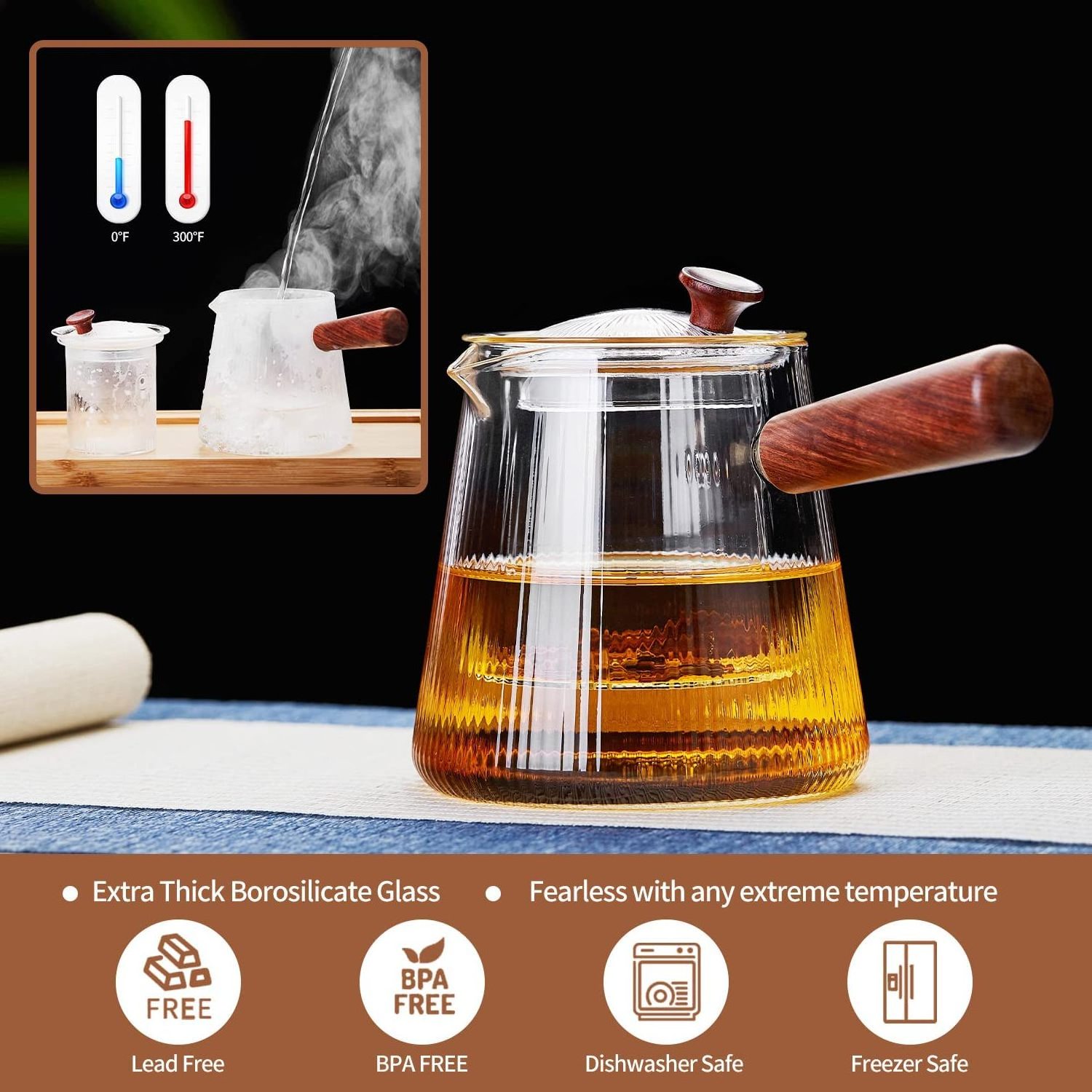 Glass Teapot with Infuser 800ml Small Tea Maker with Heat Resistant Wood Handle Borosilicate Glass Tea Pot Set