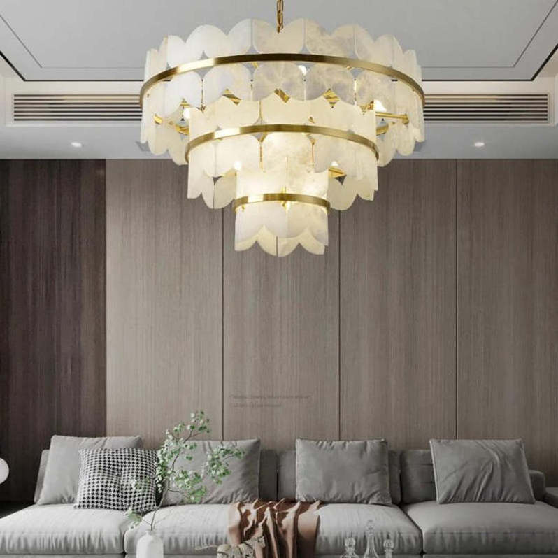 Modern Chandelier Living Room Luxury Ceiling Light Leaf Gold Led Pendant Lamp Hanging Linear Alabaster Lighting for Villa Hotel