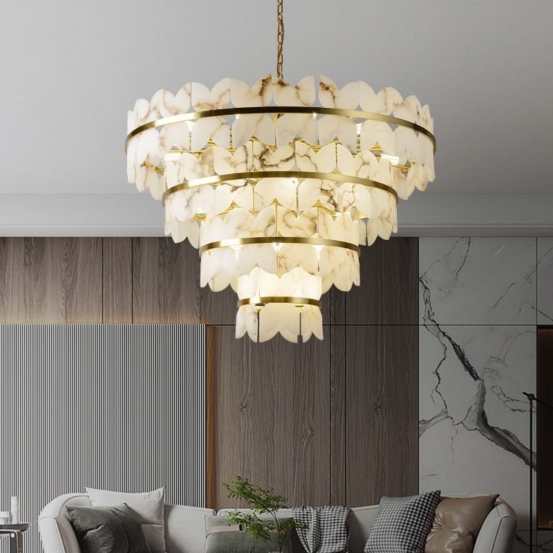 Modern Chandelier Living Room Luxury Ceiling Light Leaf Gold Led Pendant Lamp Hanging Linear Alabaster Lighting for Villa Hotel