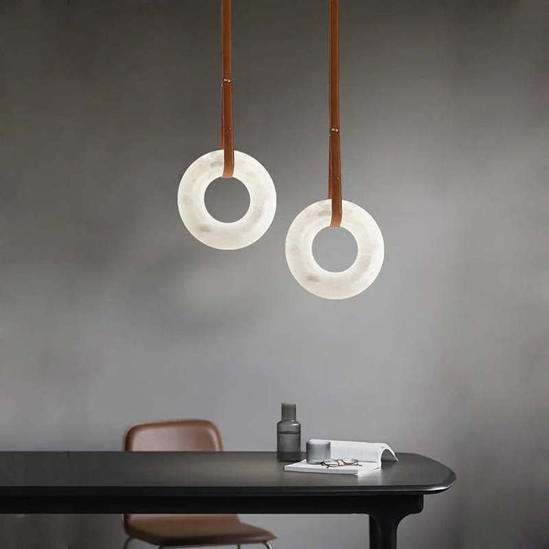 Factory Price Modern Ring Circle Design Alabaster Chandeliers By Leather Hanging Lamp Luxury Marble Pendant Light