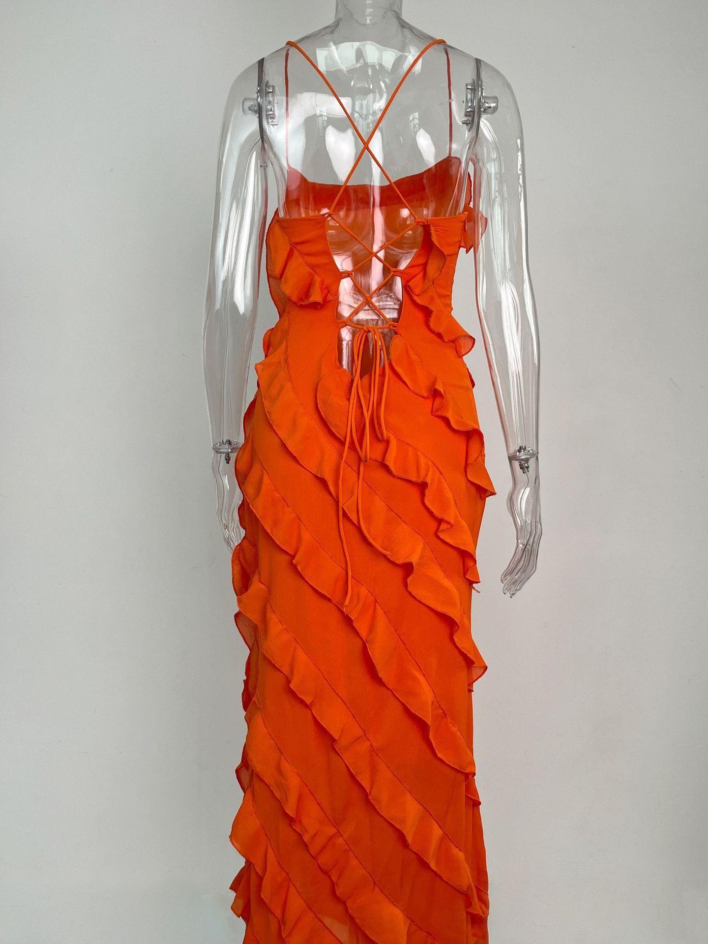 Summer New Sexy Dress Temperament Wood Ear Edge Orange Strap Dress Split Off Shoulder Dress