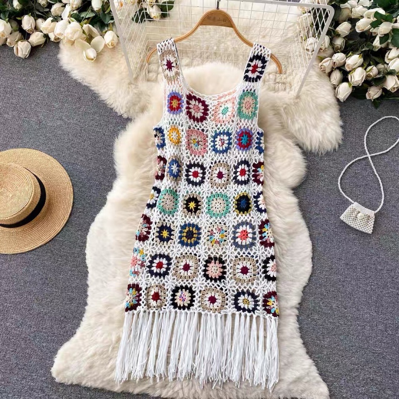 Custom Cloud Pattern Graphic Women Handmade Tassel Sweater Crochet Long Knitted Dress