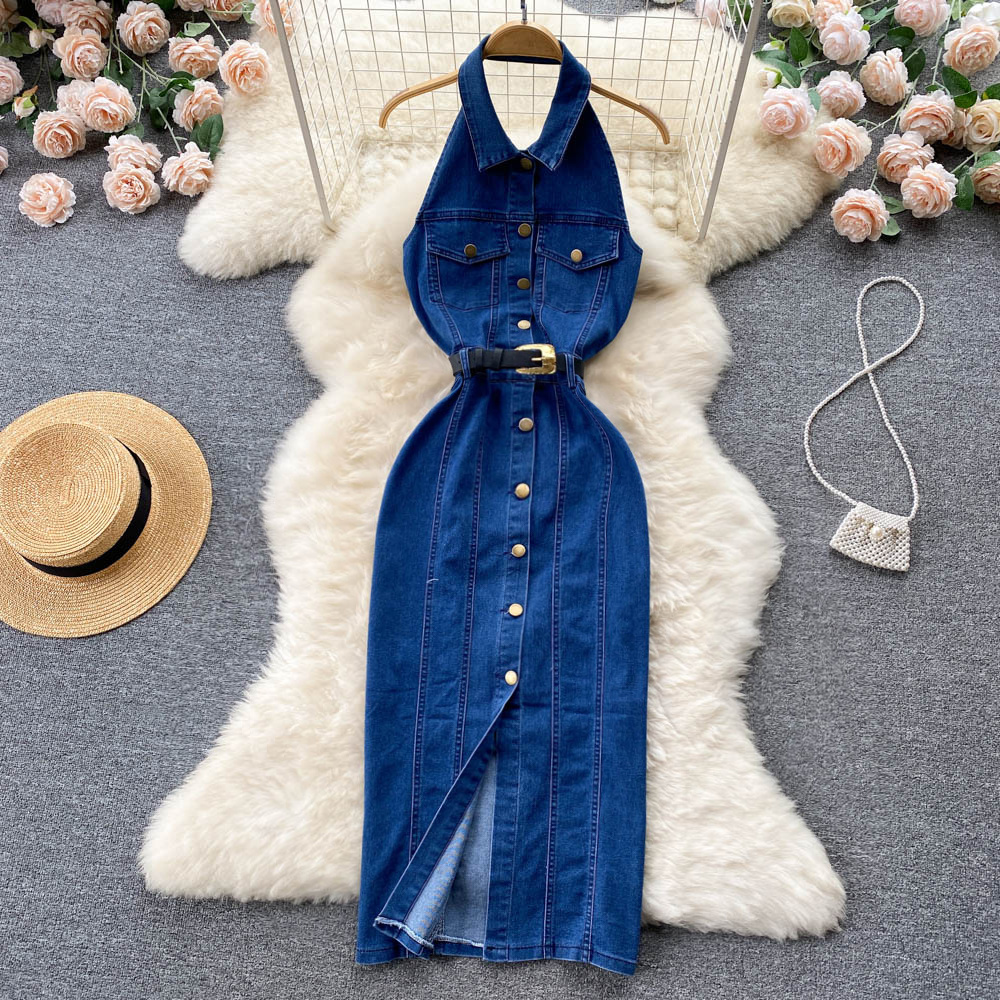 Hanging Neck Single breasted Sexy Open Back Dress Women's Lace up Waist Show Thin Wrap Hip A-line Denim Dress