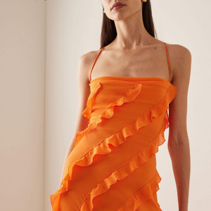 Summer New Sexy Dress Temperament Wood Ear Edge Orange Strap Dress Split Off Shoulder Dress