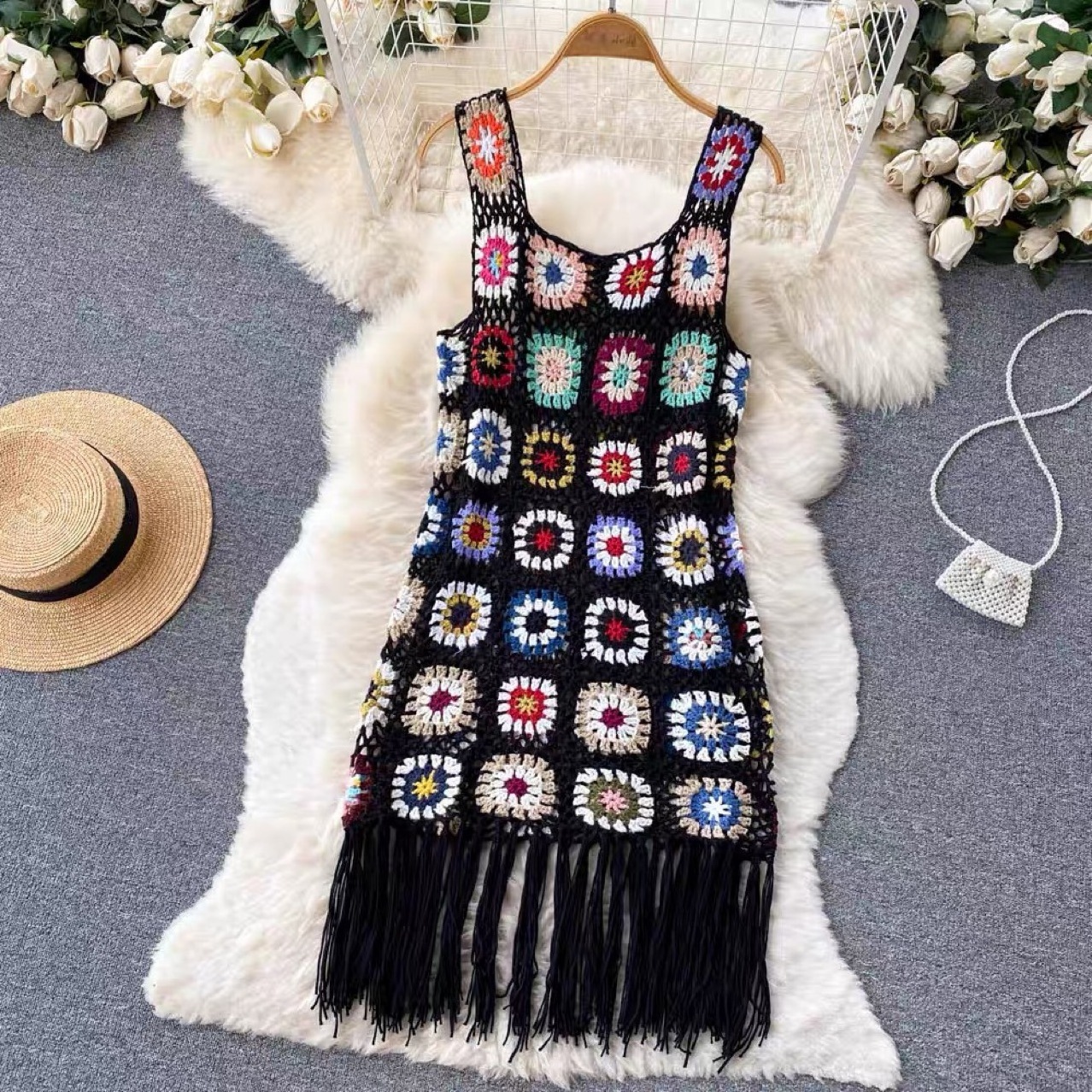 Custom Cloud Pattern Graphic Women Handmade Tassel Sweater Crochet Long Knitted Dress