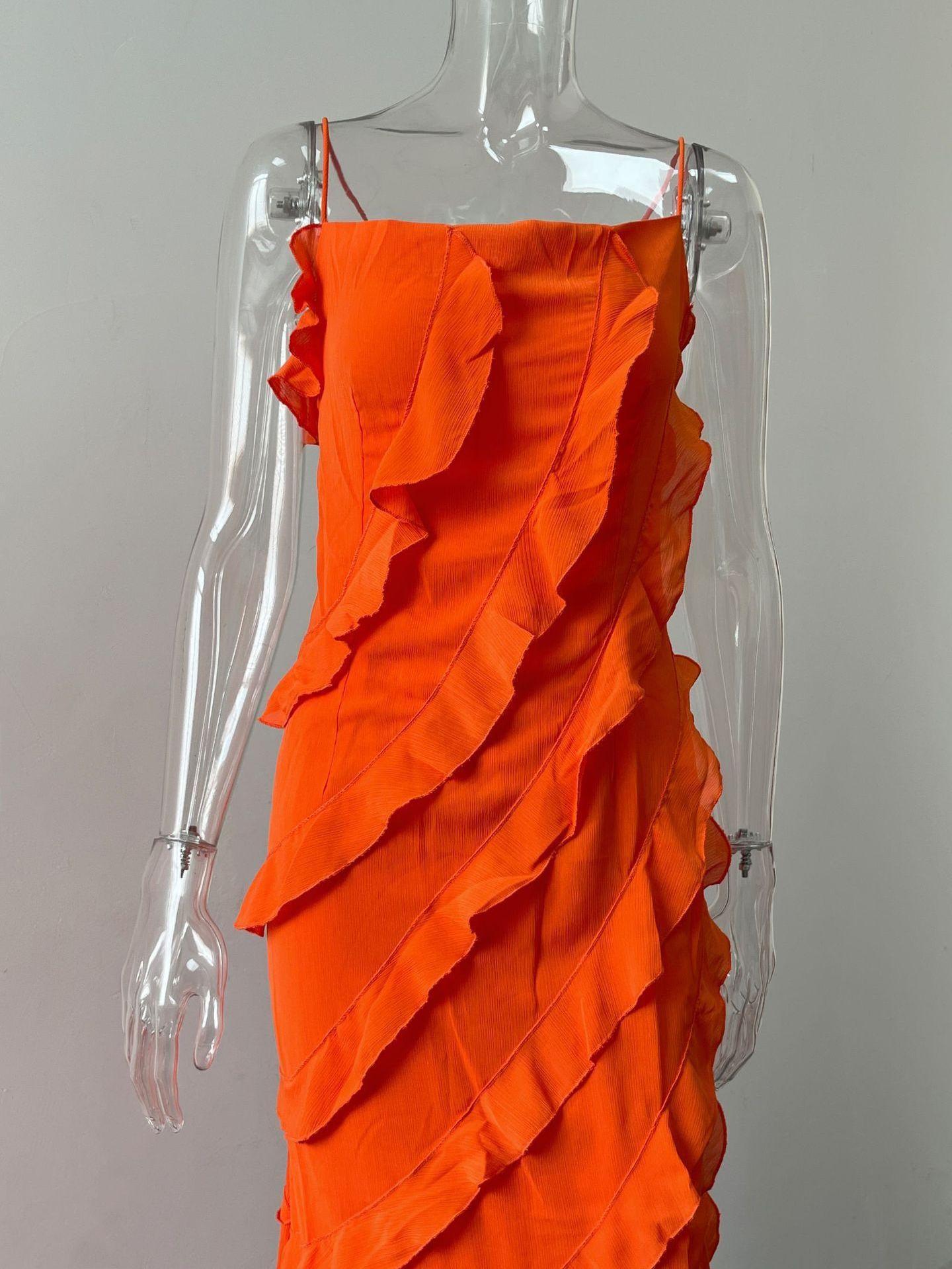 Summer New Sexy Dress Temperament Wood Ear Edge Orange Strap Dress Split Off Shoulder Dress