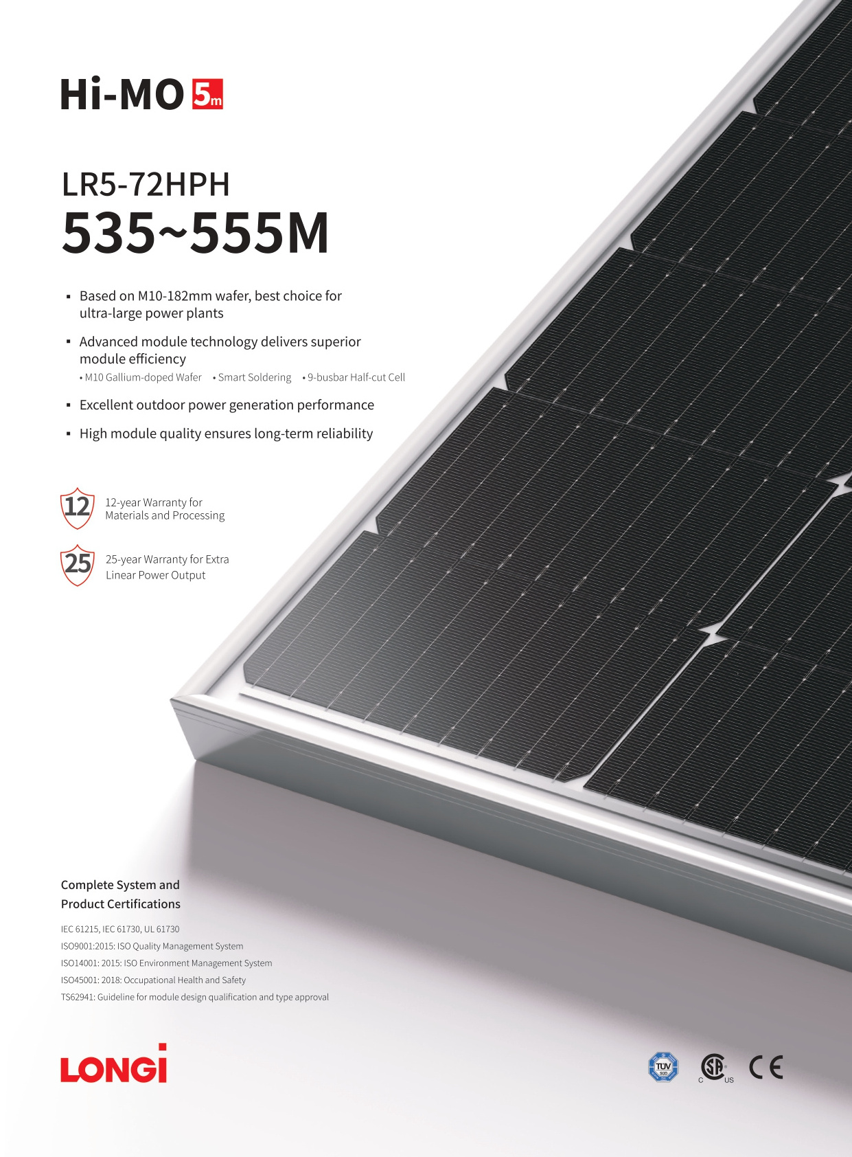 Longi Hot Promotional Mono Photovoltaic Panel High Efficiency 182mm Half Cell 540w 550w 555w Solar Panel