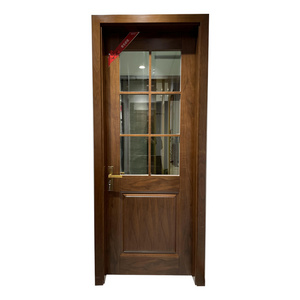 Luxury interior black walnut deep carve semi-solid veneer painting glass wooden door for bathroom