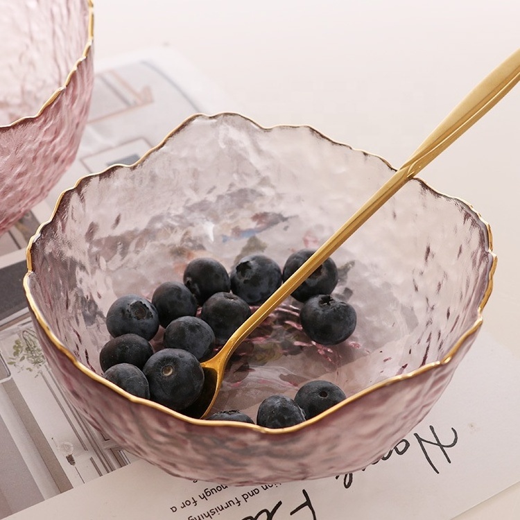 Hammered Green Grey Purple Clear Fruit Salad Glass Bowl with Gold Rim Mixing Bowl for Kitchen Nordic Household Ice Cream Bowls