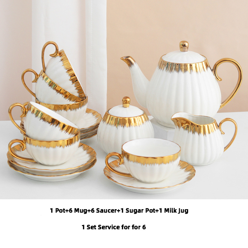 Ceramic Electroplated Gold and White Light Luxury Nordic Style Coffee Tea Cup and Saucer Mug Set with Water Pot Service for 6