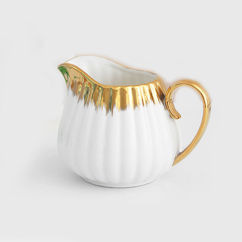 Ceramic Electroplated Gold and White Light Luxury Nordic Style Coffee Tea Cup and Saucer Mug Set with Water Pot Service for 6