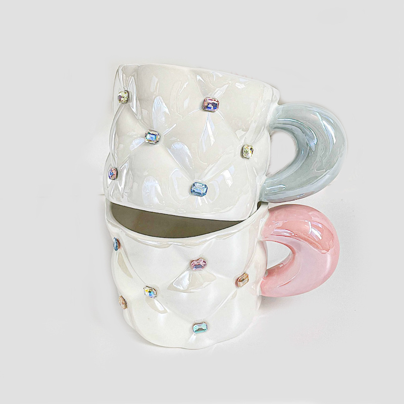 Creative Luxury Cute Couple Student Girl Gift Rhinestone Diamond Ceramic Coffee Mug Pink Blue Pearl Glaze Tea Water Cup