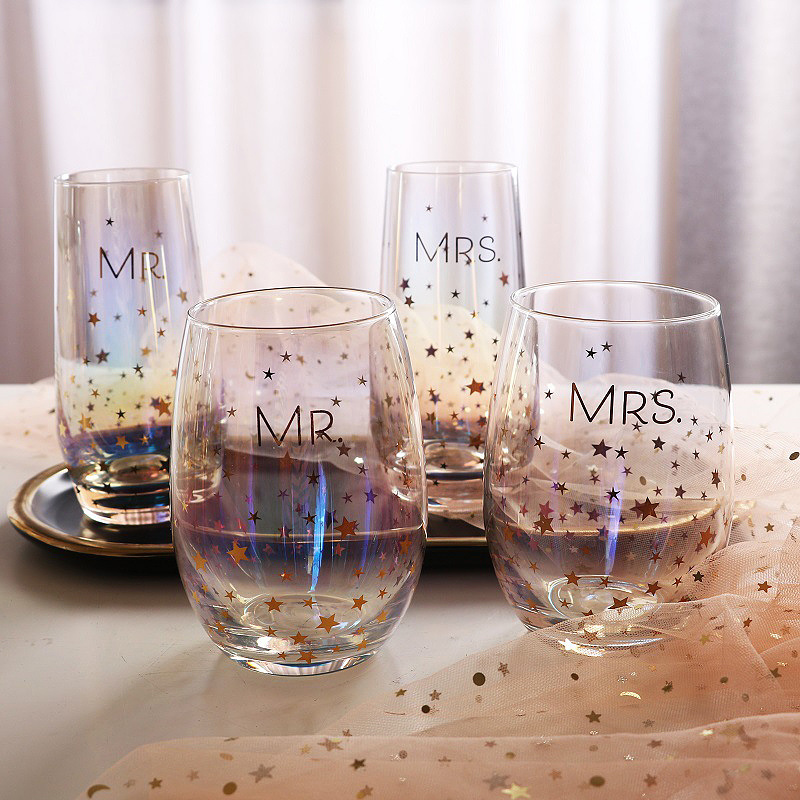 Valentine's Day Couple Business Gift Mr and Mrs Milk Tea Cold Drinking Coffee Mug with Colorful Star Beer Cup Juice Water Glass