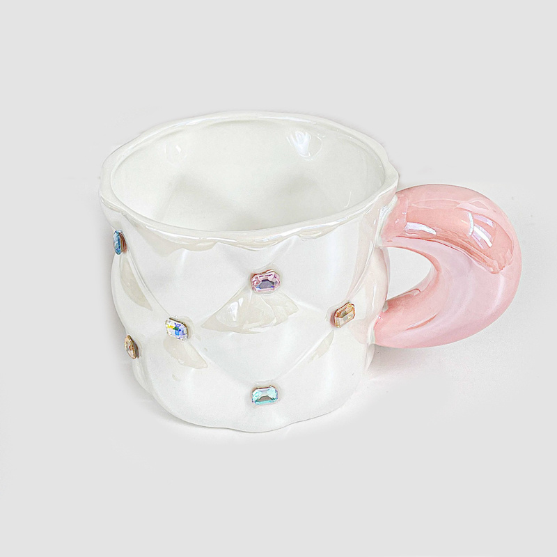 Creative Luxury Cute Couple Student Girl Gift Rhinestone Diamond Ceramic Coffee Mug Pink Blue Pearl Glaze Tea Water Cup