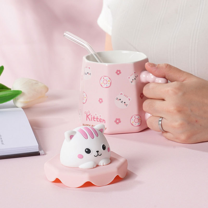 Cute kids Animal ceramic mug with 3D cartoon lid Glass straw ins Women Ceramic Milk Cup mug coffee mugs