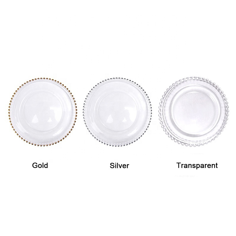 Gold Beads Unleaded Glass 8 10 13 inch Charger Plate for Wedding Event Table Decoration Dinner Bread Dessert Salad Plate