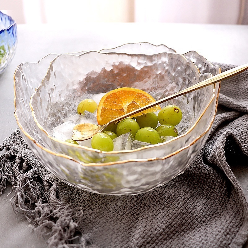 Hammered Green Grey Purple Clear Fruit Salad Glass Bowl with Gold Rim Mixing Bowl for Kitchen Nordic Household Ice Cream Bowls