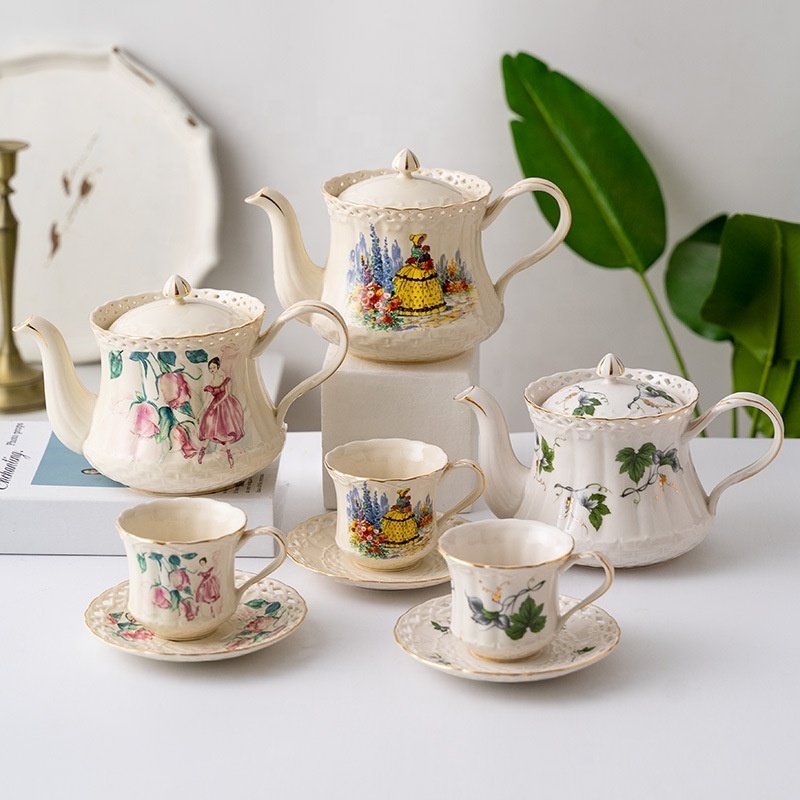 Ethiopian Retro Ceramic British High Tea Green Leaf Pattern Teapot Tea Cup Sauce With Golden Rim Vintage Coffee Tea Plate Set