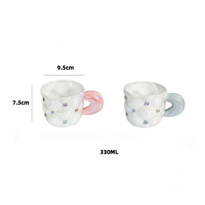 Creative Luxury Cute Couple Student Girl Gift Rhinestone Diamond Ceramic Coffee Mug Pink Blue Pearl Glaze Tea Water Cup