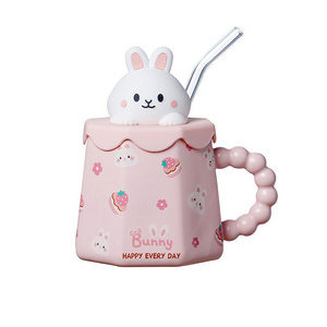 Cute kids Animal ceramic mug with 3D cartoon lid Glass straw ins Women Ceramic Milk Cup mug coffee mugs