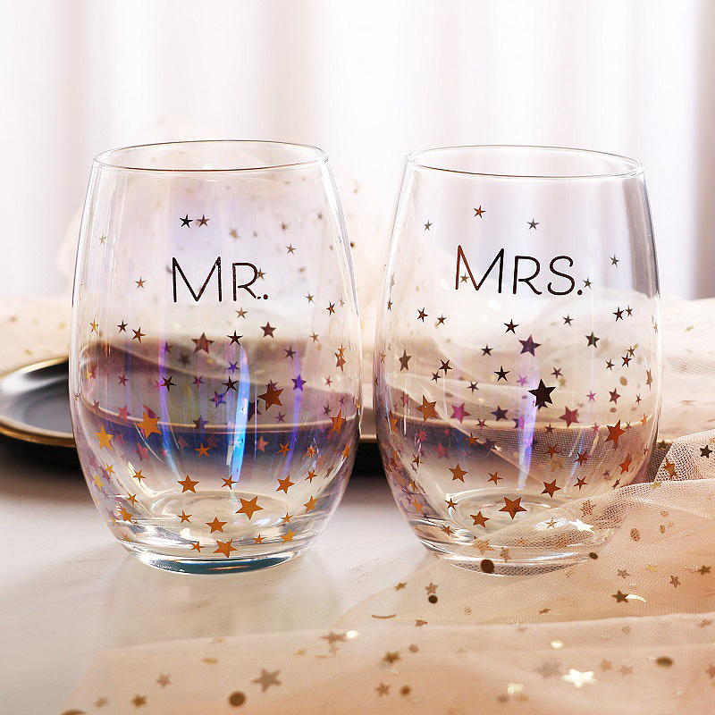 Valentine's Day Couple Business Gift Mr and Mrs Milk Tea Cold Drinking Coffee Mug with Colorful Star Beer Cup Juice Water Glass