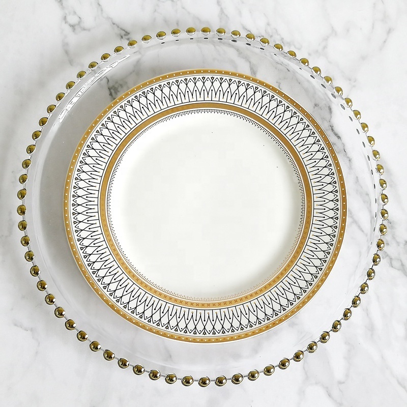 Gold Beads Unleaded Glass 8 10 13 inch Charger Plate for Wedding Event Table Decoration Dinner Bread Dessert Salad Plate