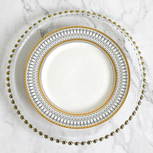 Gold Beads Unleaded Glass 8 10 13 inch Charger Plate for Wedding Event Table Decoration Dinner Bread Dessert Salad Plate