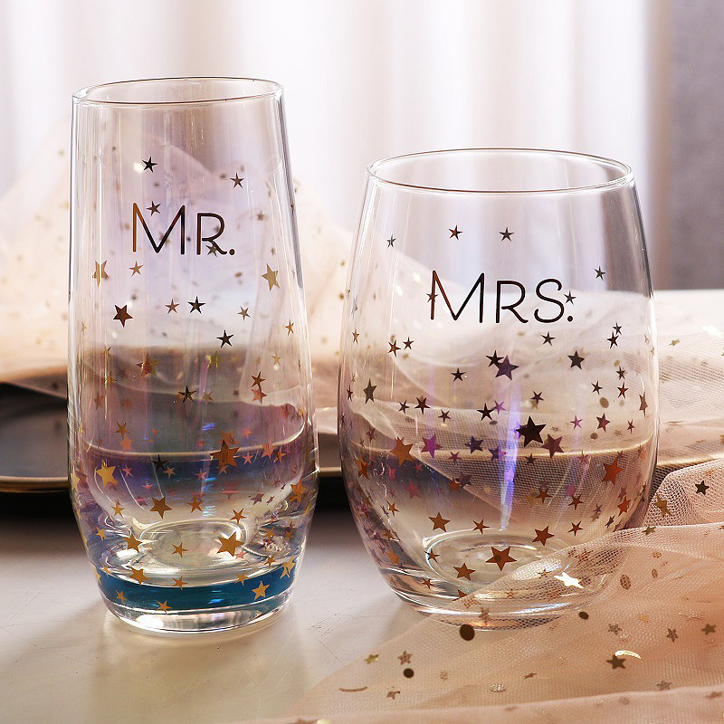 Valentine's Day Couple Business Gift Mr and Mrs Milk Tea Cold Drinking Coffee Mug with Colorful Star Beer Cup Juice Water Glass