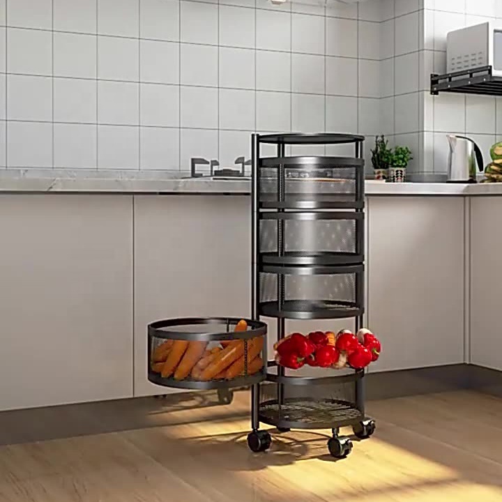 Kitchen Rotating Shelf Baskets Fruit Vegetable Storage Rack Floor Round Multi-layer Fruit Storage Basket With Wheels