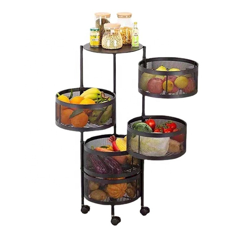 Kitchen Rotating Shelf Baskets Fruit Vegetable Storage Rack Floor Round Multi-layer Fruit Storage Basket With Wheels