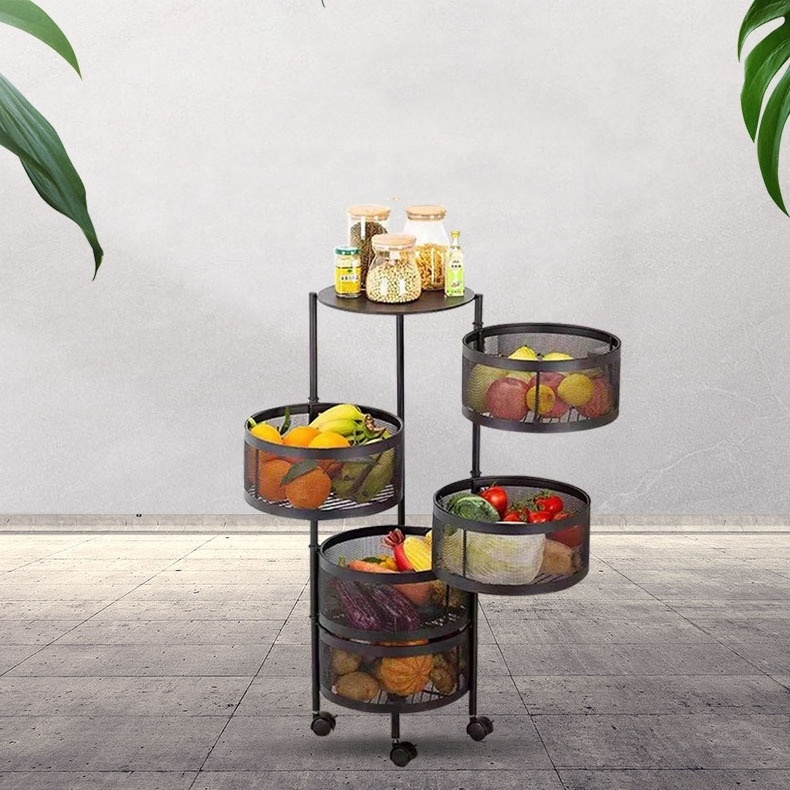 Kitchen Rotating Shelf Baskets Fruit Vegetable Storage Rack Floor Round Multi-layer Fruit Storage Basket With Wheels