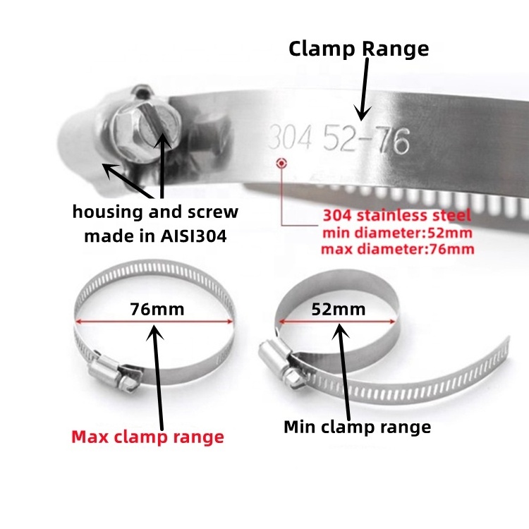 SS 304 Stainless Steel American Hose Clamps 6mm-400mm Adjustable Clip 12mm Band Width Zebra Worm Gear Screw Hose Clamp