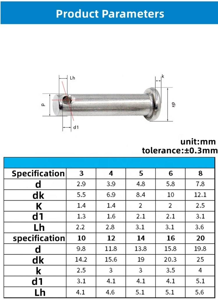 304 Stainless Steel GB882 Diameter 3 4 5 6 8 10 12 14 16 18 20mm Flat Head Cylindrical Shaft Clevis Pin With Hole