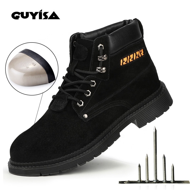 GUYISA High Quality Soft Black Men Steel Toe Industrial Waterproof Safety Shoes Women Leather Work Boots