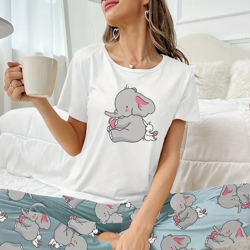 Supplier Cartoon Elephant Graphic Printed Tee&Pants 2 Pieces PJ Sets Loungewear Women Ladies Sleepwear Loungewear