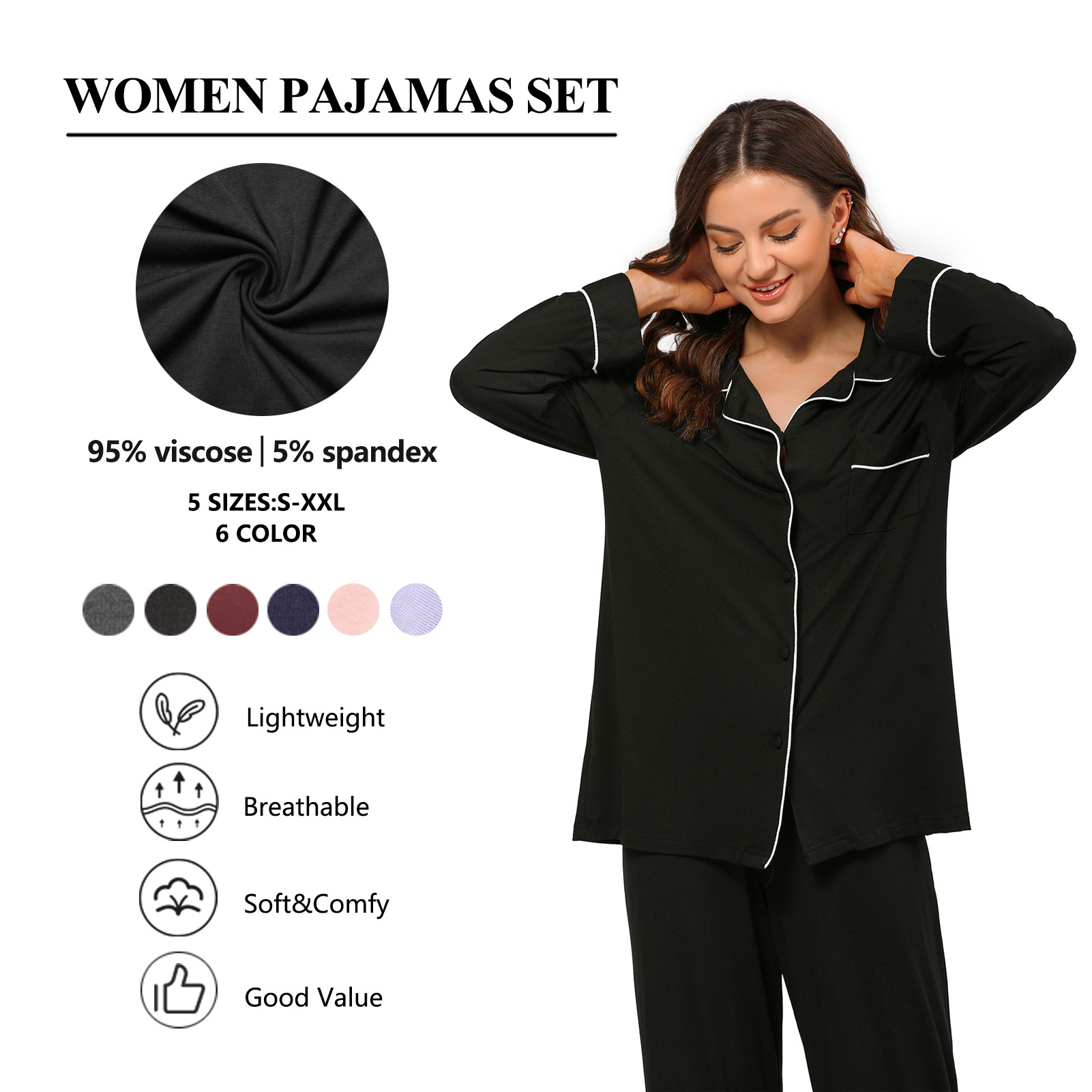 Factory Wholesale Long Sleeve Soft Casual Viscose Bamboo Pajamas Sets Two Pieces Sleepwear Pyjamas Loungewear For Women