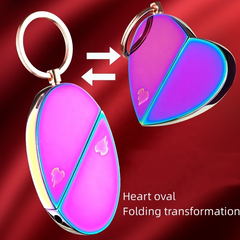 Double Heart Folding Lighter Change Shape Freely Keychain Gas Electric Lighter Double Flame Rotating Folding Lighters