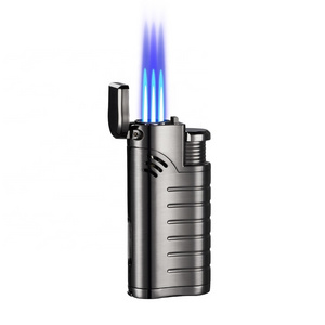 Wholesale New Three Straight Jet Flame Gas Lighter With Folding Metal Torch Lighter Cigar Lighter And Cutter