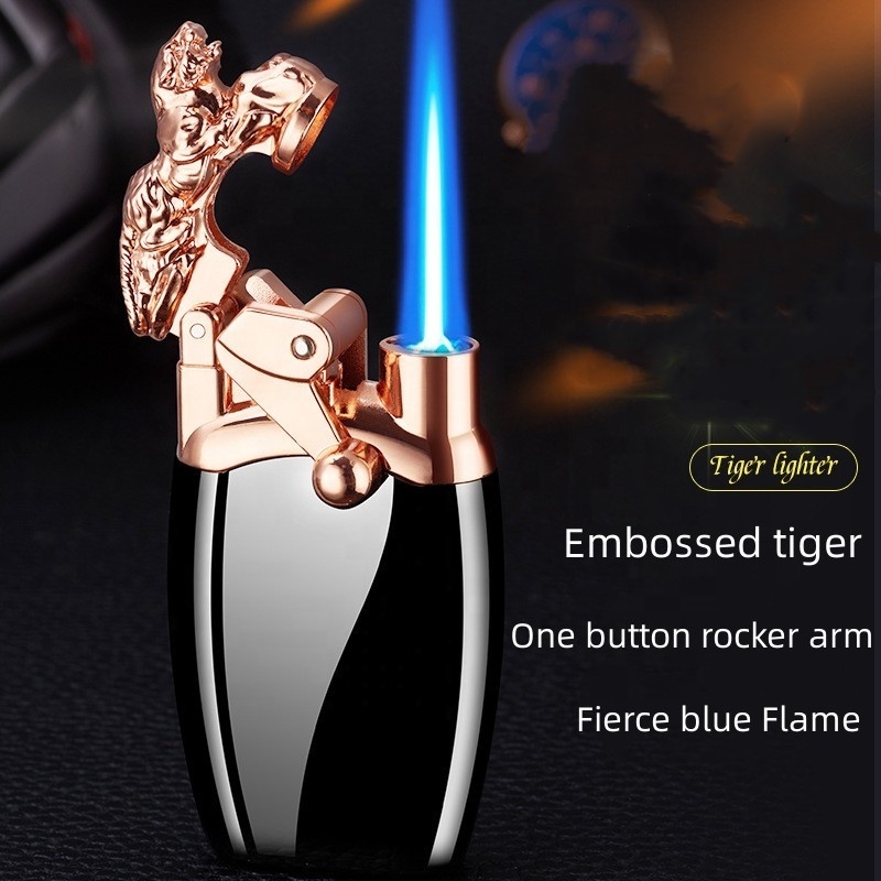 Customize Creative Tiger Rocker Arm Lighter Direct Punching Single Fire Lighter Windproof Blue Flame Luminous Lighter