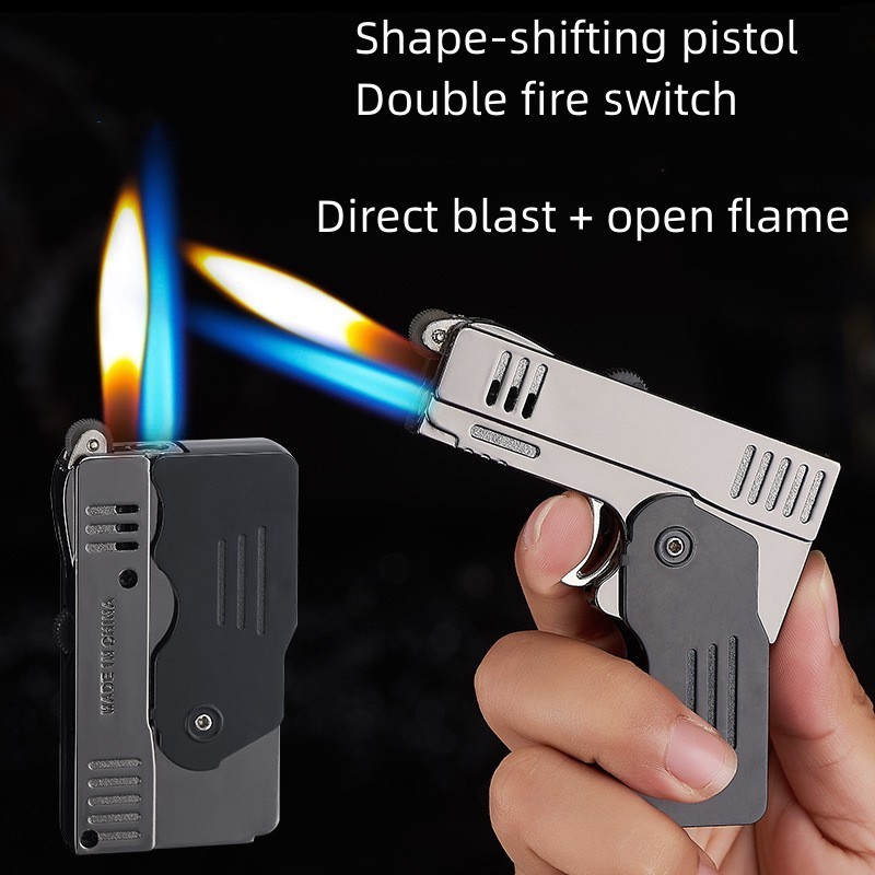 Hot selling wholesale straight windproof blue flame alloy deformed pistol double fire lighter