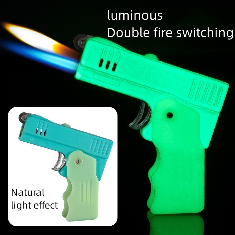 Hot selling wholesale straight windproof blue flame alloy deformed pistol double fire lighter