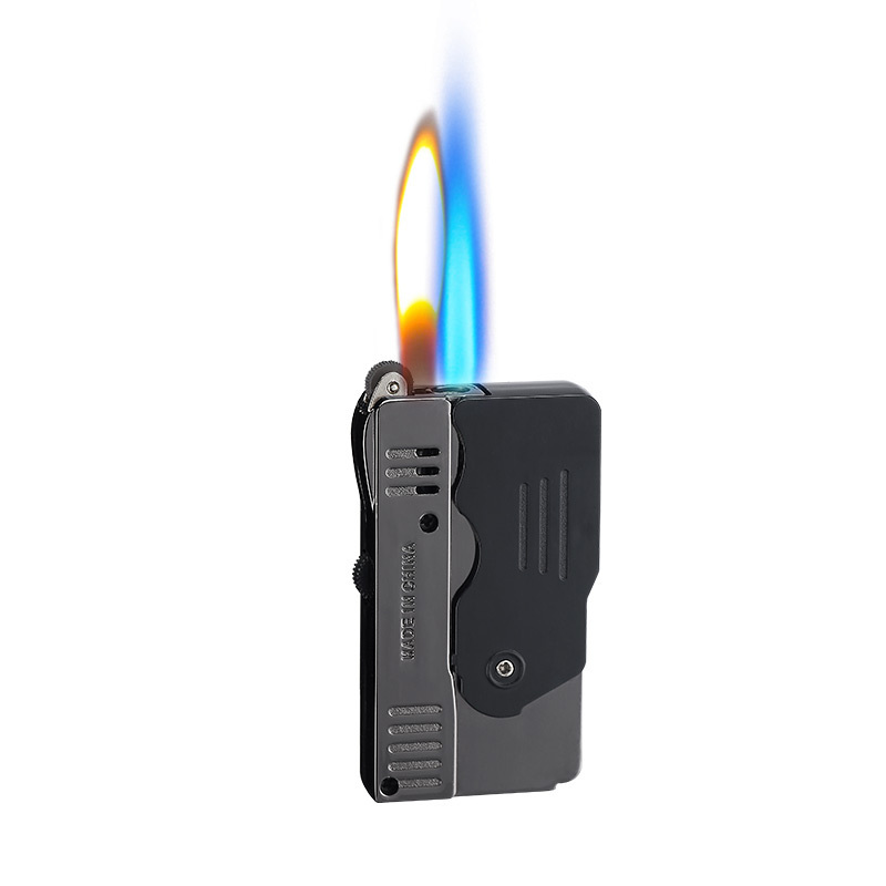 Hot selling wholesale straight windproof blue flame alloy deformed pistol double fire lighter