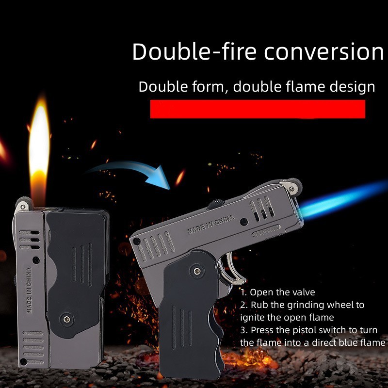 Hot selling wholesale straight windproof blue flame alloy deformed pistol double fire lighter