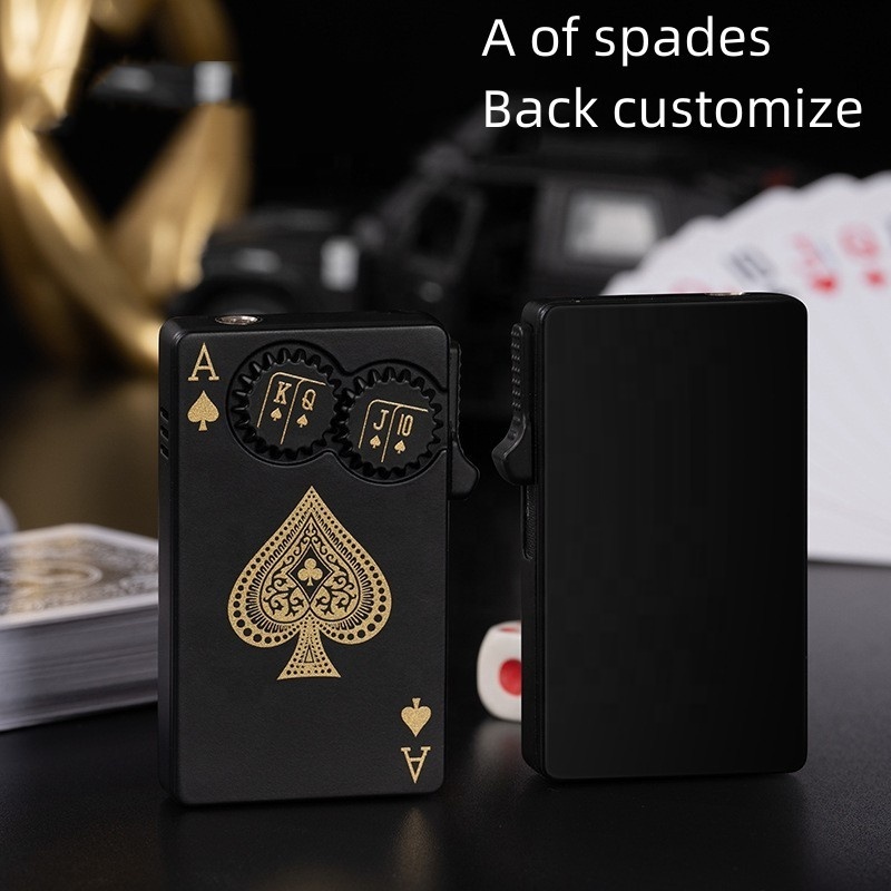 Wholesale Creative Gear Rotating Poker Lighter Green Flame Straight Punching Lighter Group Lettered Poker Card Lighter